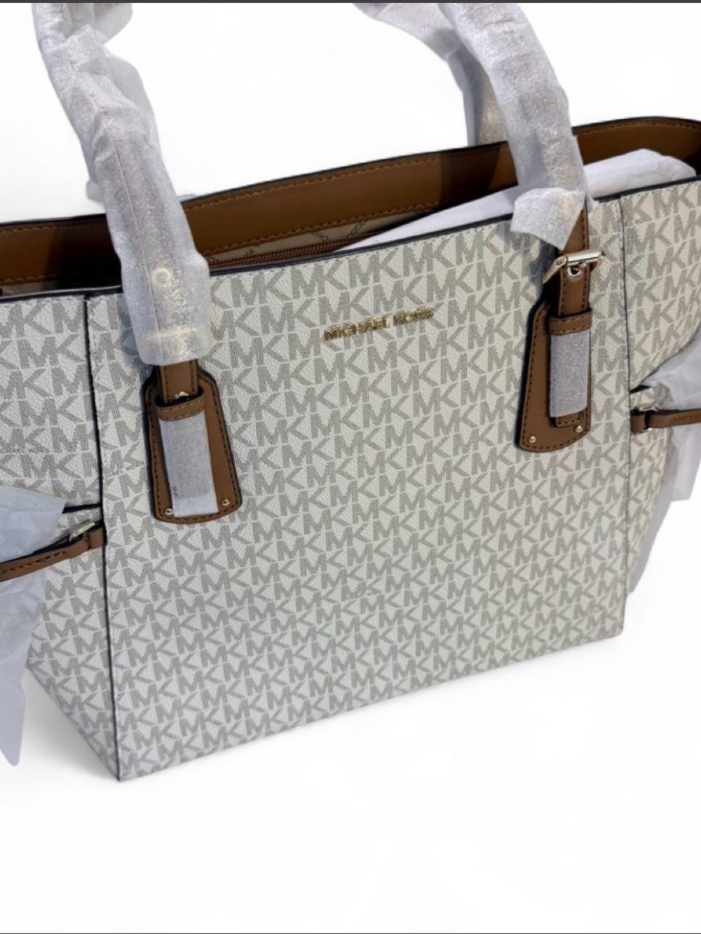 Michael Kors Cream MK Logo Tote with Brown Trim